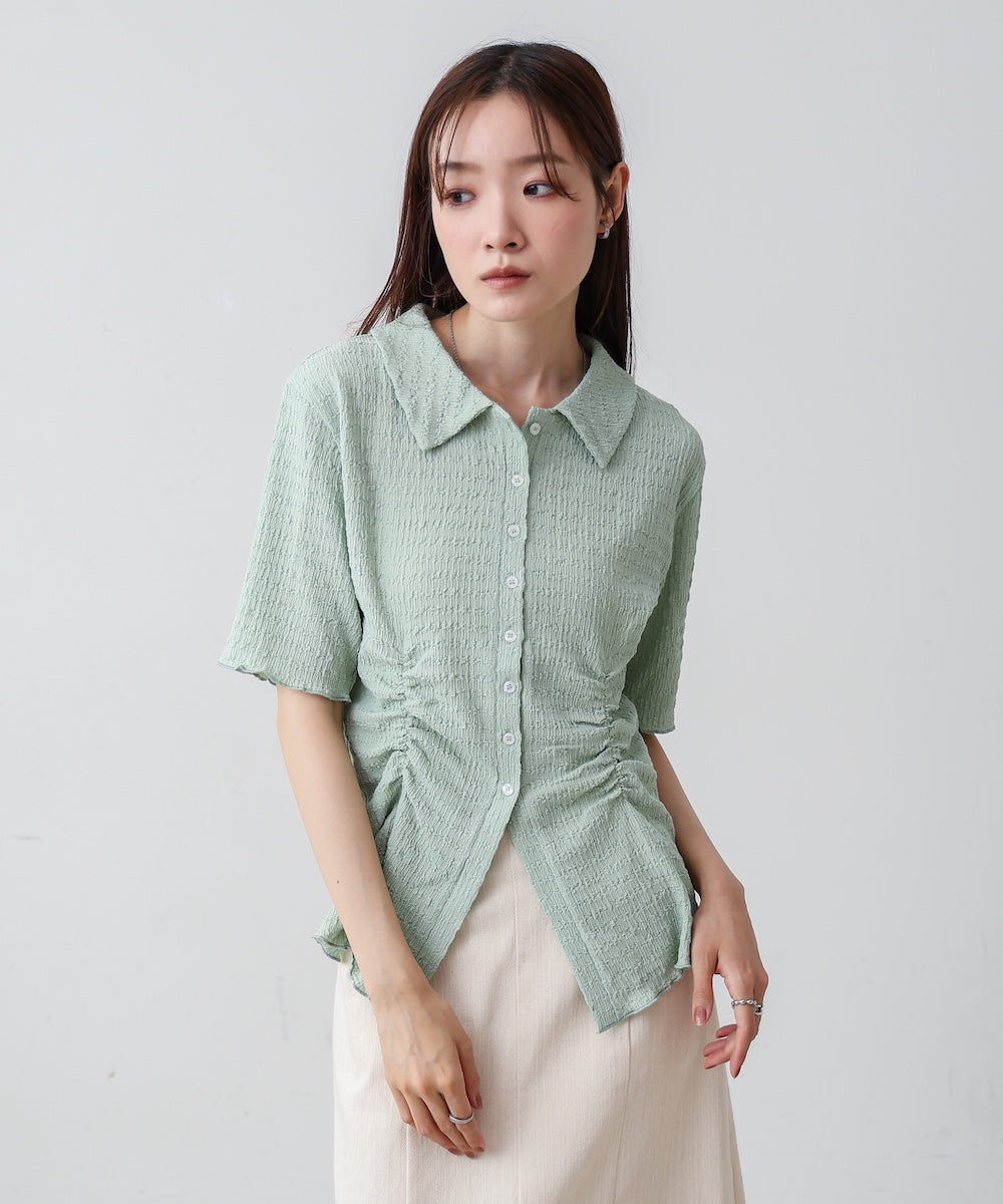 衿付き半袖ギャザーカットソー