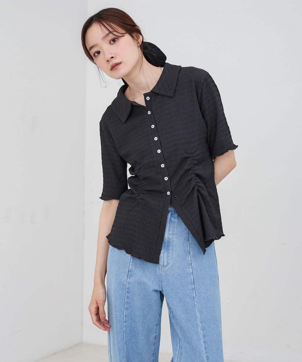 衿付き半袖ギャザーカットソー