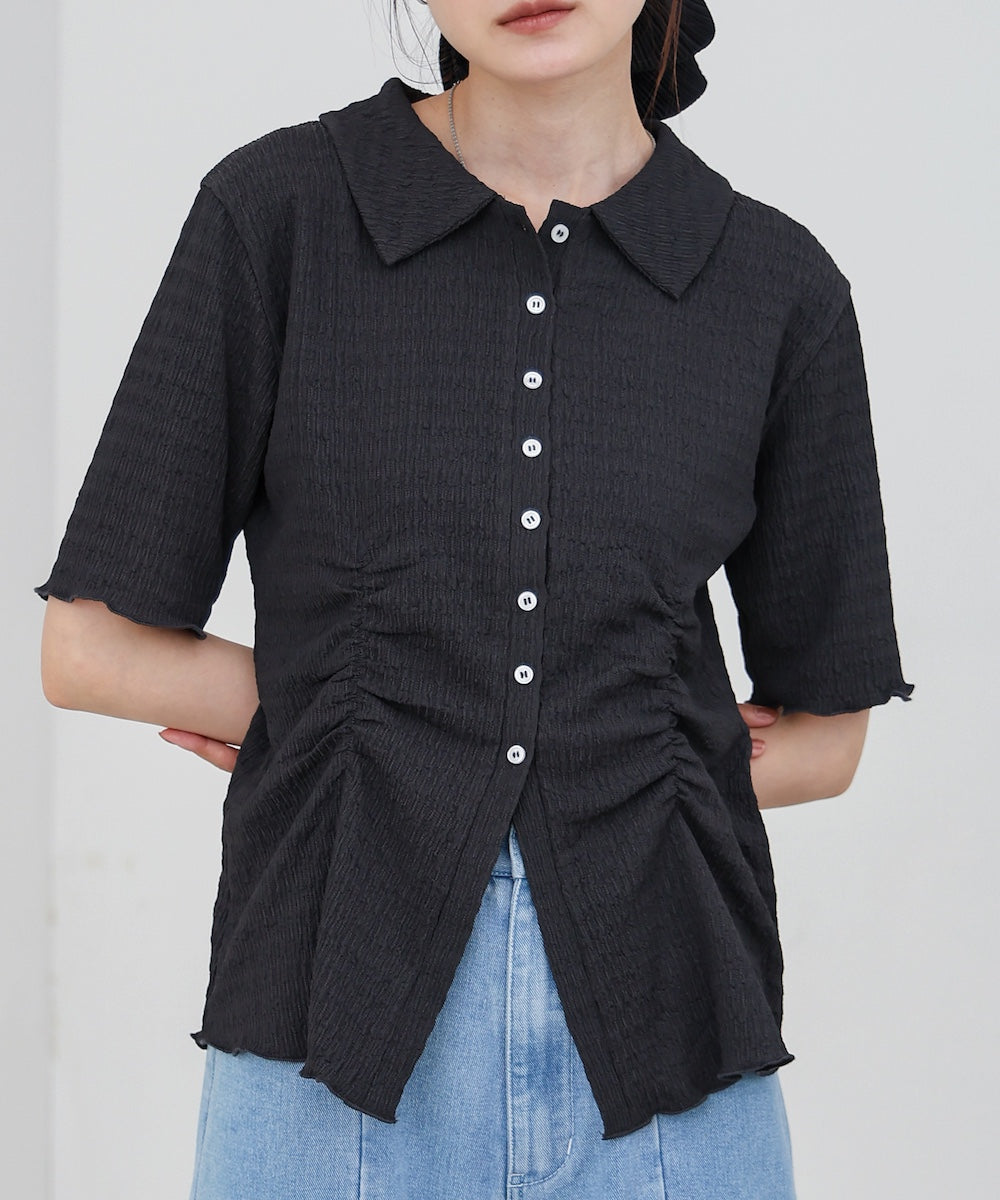 衿付き半袖ギャザーカットソー