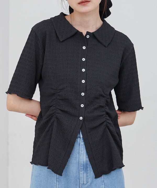 衿付き半袖ギャザーカットソー