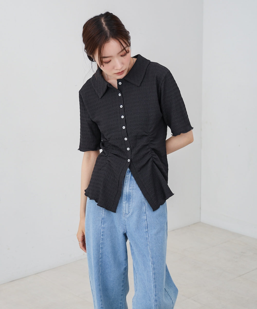 衿付き半袖ギャザーカットソー