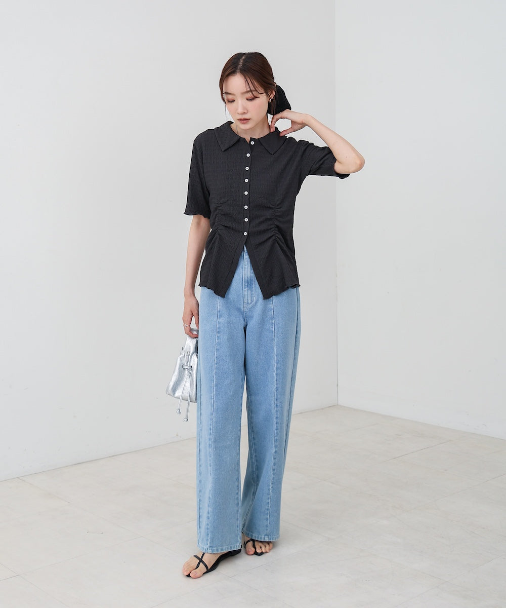 衿付き半袖ギャザーカットソー