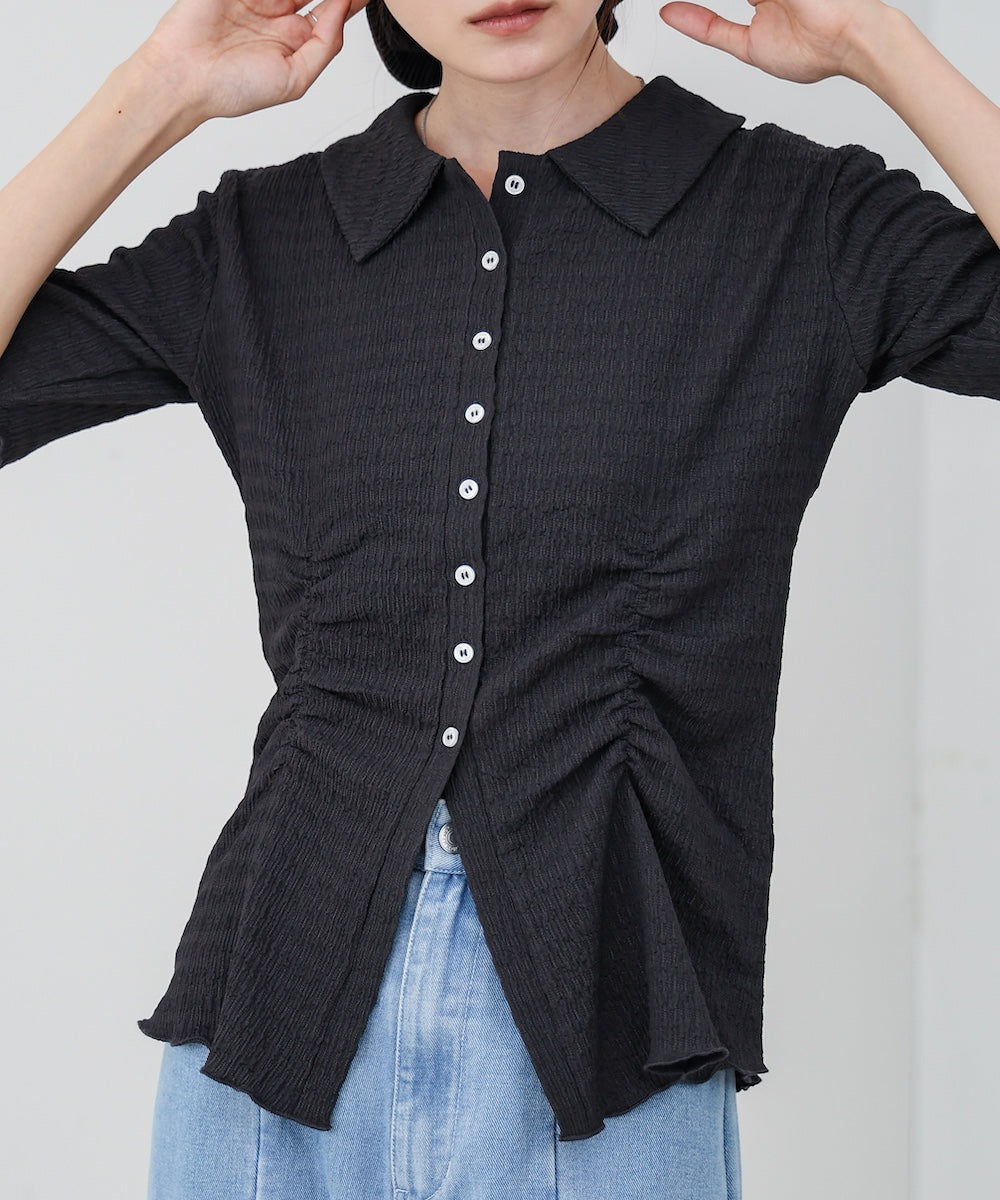 衿付き半袖ギャザーカットソー