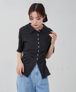 衿付き半袖ギャザーカットソー