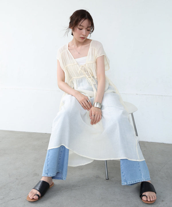 【S・Mサイズ展開】Ｖネックギャザーリボンワンピース