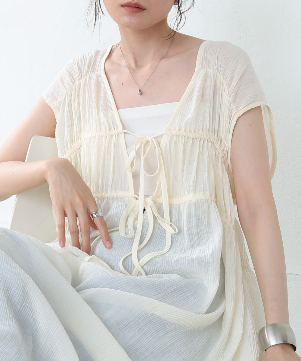 【S・Mサイズ展開】Ｖネックギャザーリボンワンピース