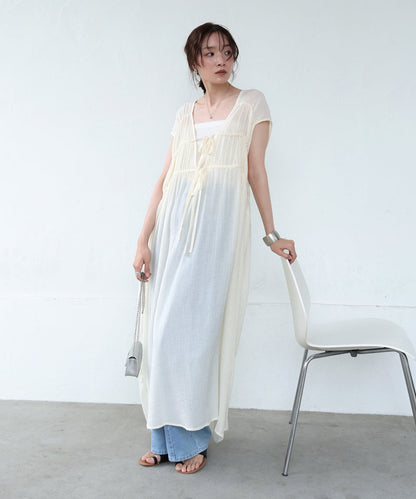 【S・Mサイズ展開】Ｖネックギャザーリボンワンピース