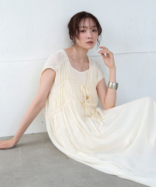 【S・Mサイズ展開】Vネックギャザーリボンワンピース