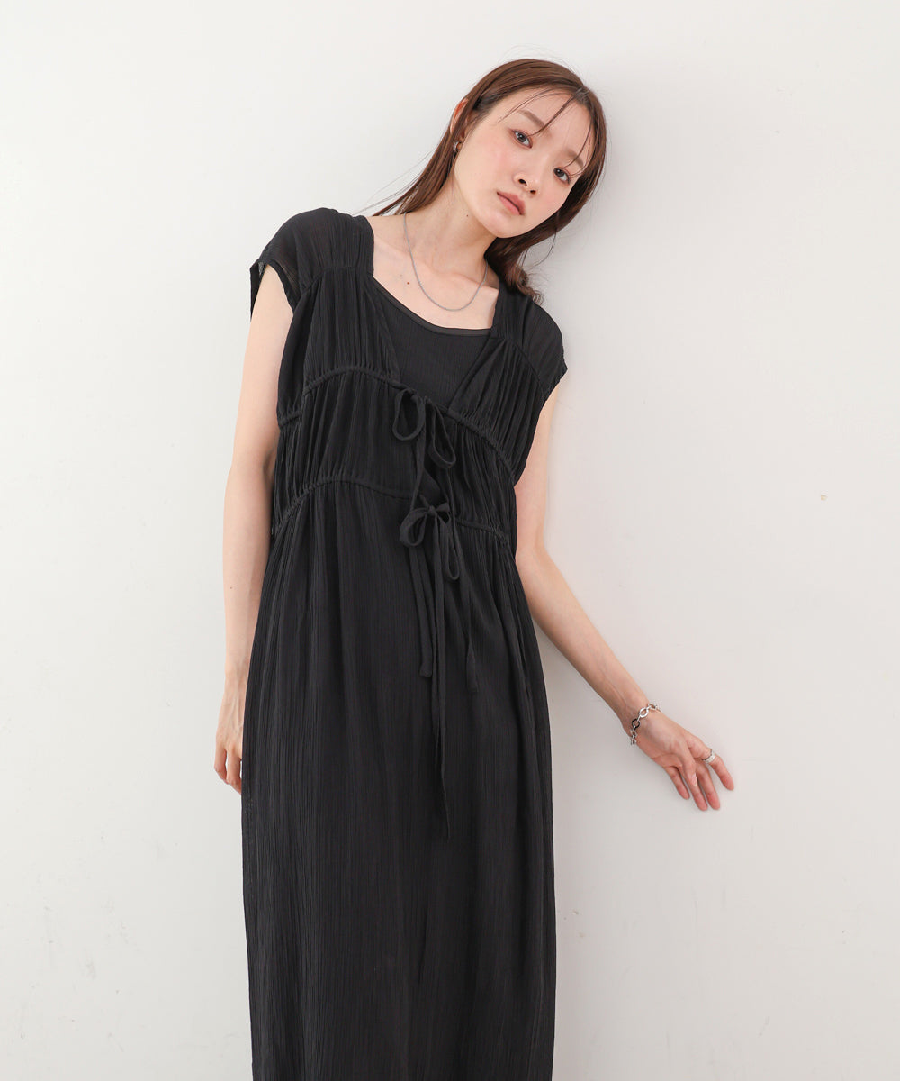 【S・Mサイズ展開】Ｖネックギャザーリボンワンピース