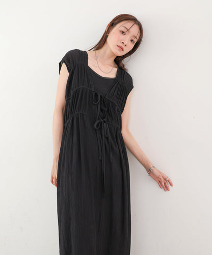 【S・Mサイズ展開】Ｖネックギャザーリボンワンピース