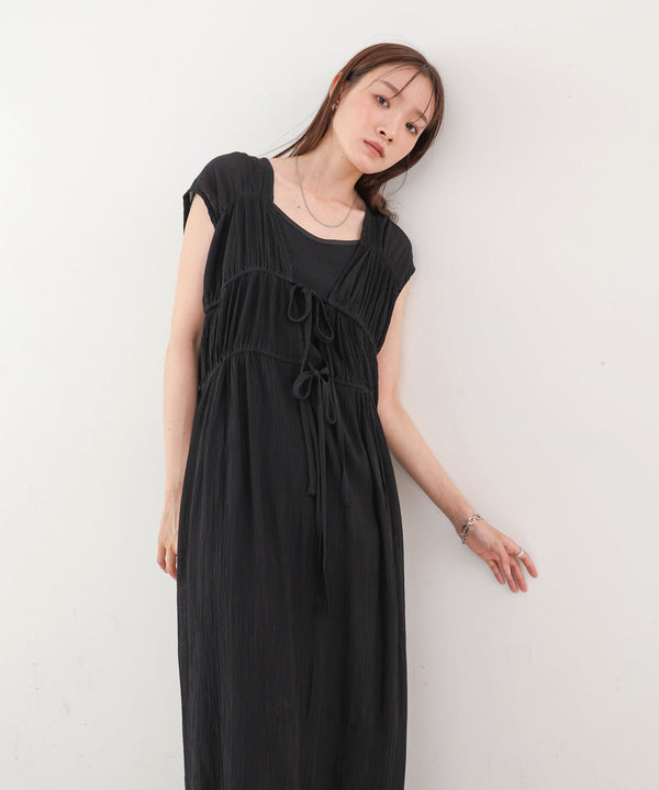 【S・Mサイズ展開】Ｖネックギャザーリボンワンピース