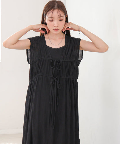 【S・Mサイズ展開】Ｖネックギャザーリボンワンピース