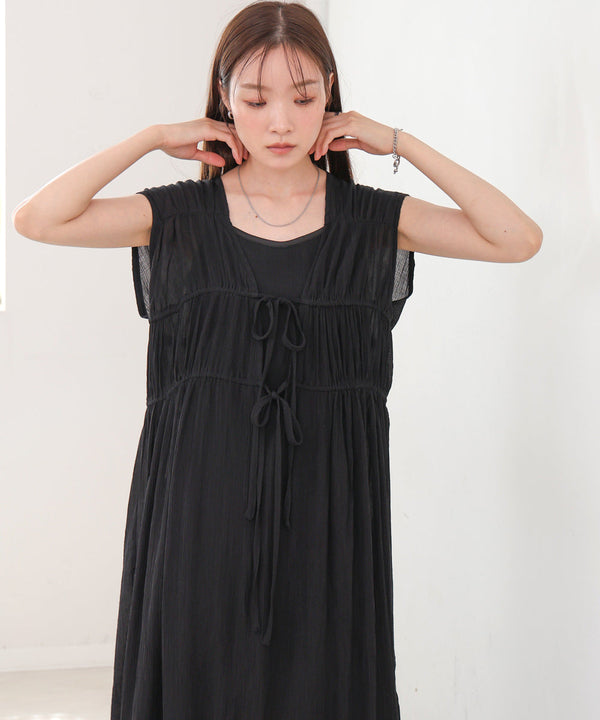 【S・Mサイズ展開】Ｖネックギャザーリボンワンピース