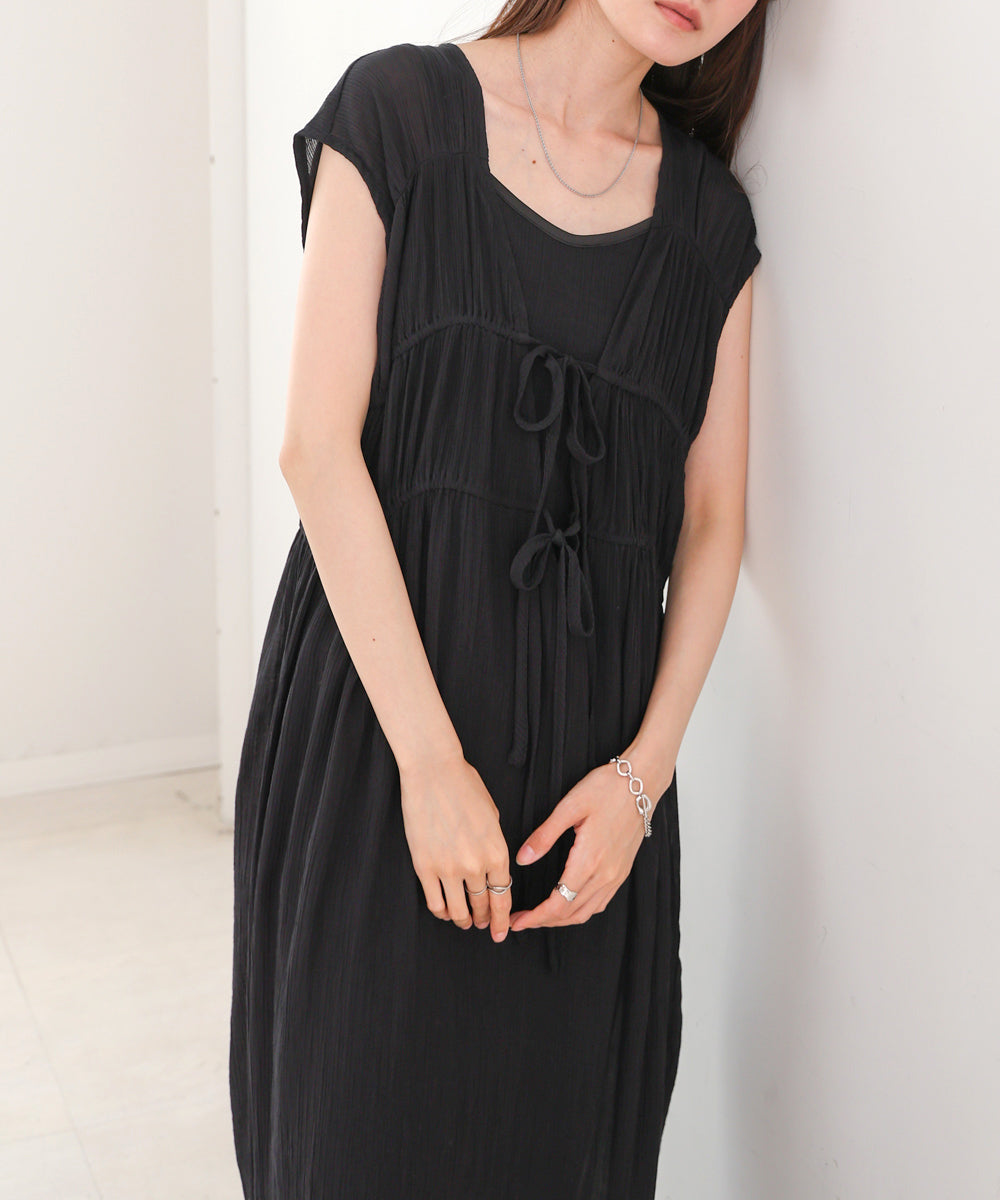 【S・Mサイズ展開】Ｖネックギャザーリボンワンピース