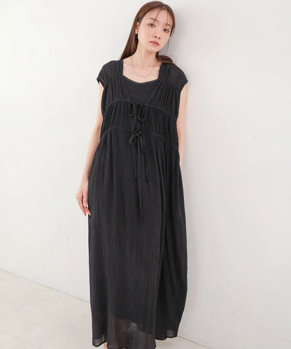 【S・Mサイズ展開】Ｖネックギャザーリボンワンピース