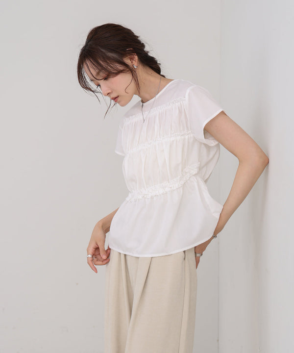 フレンチスリーブギャザーフリルブラウス