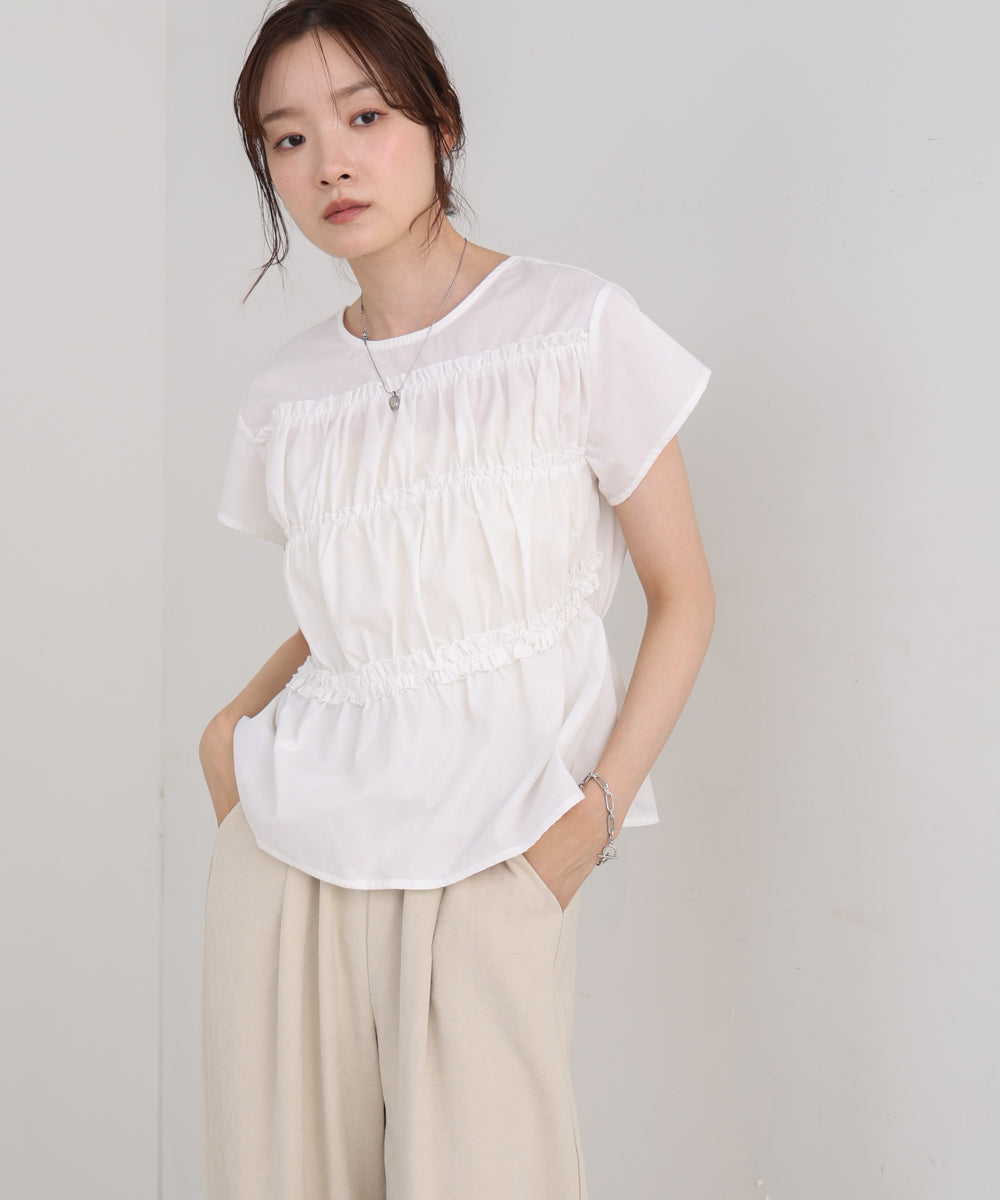 ギャザーフリルスリーブブラウス made in INDIA フリルスリーブ ギャザーブラウス ( セットアップ 可)