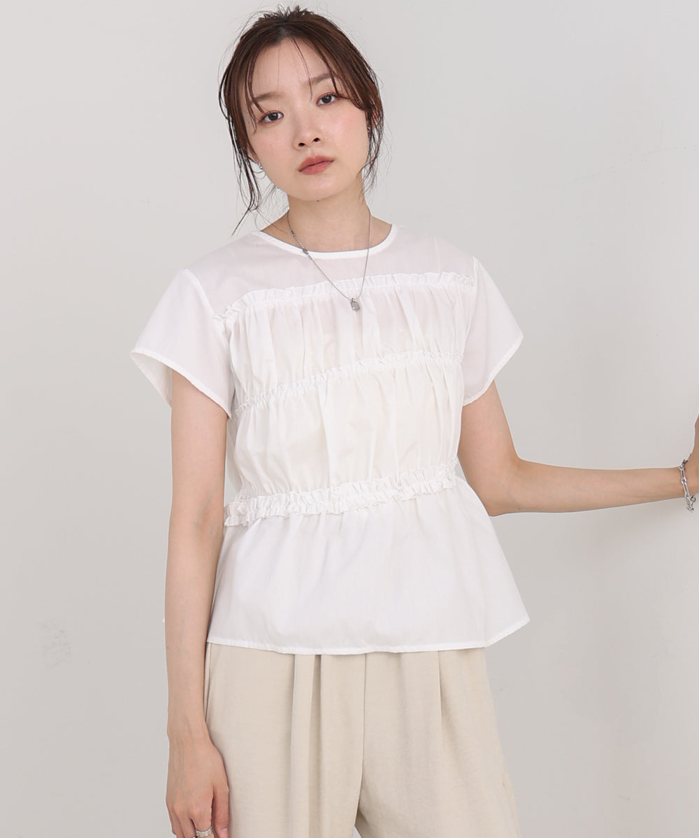 フレンチスリーブギャザーフリルブラウス