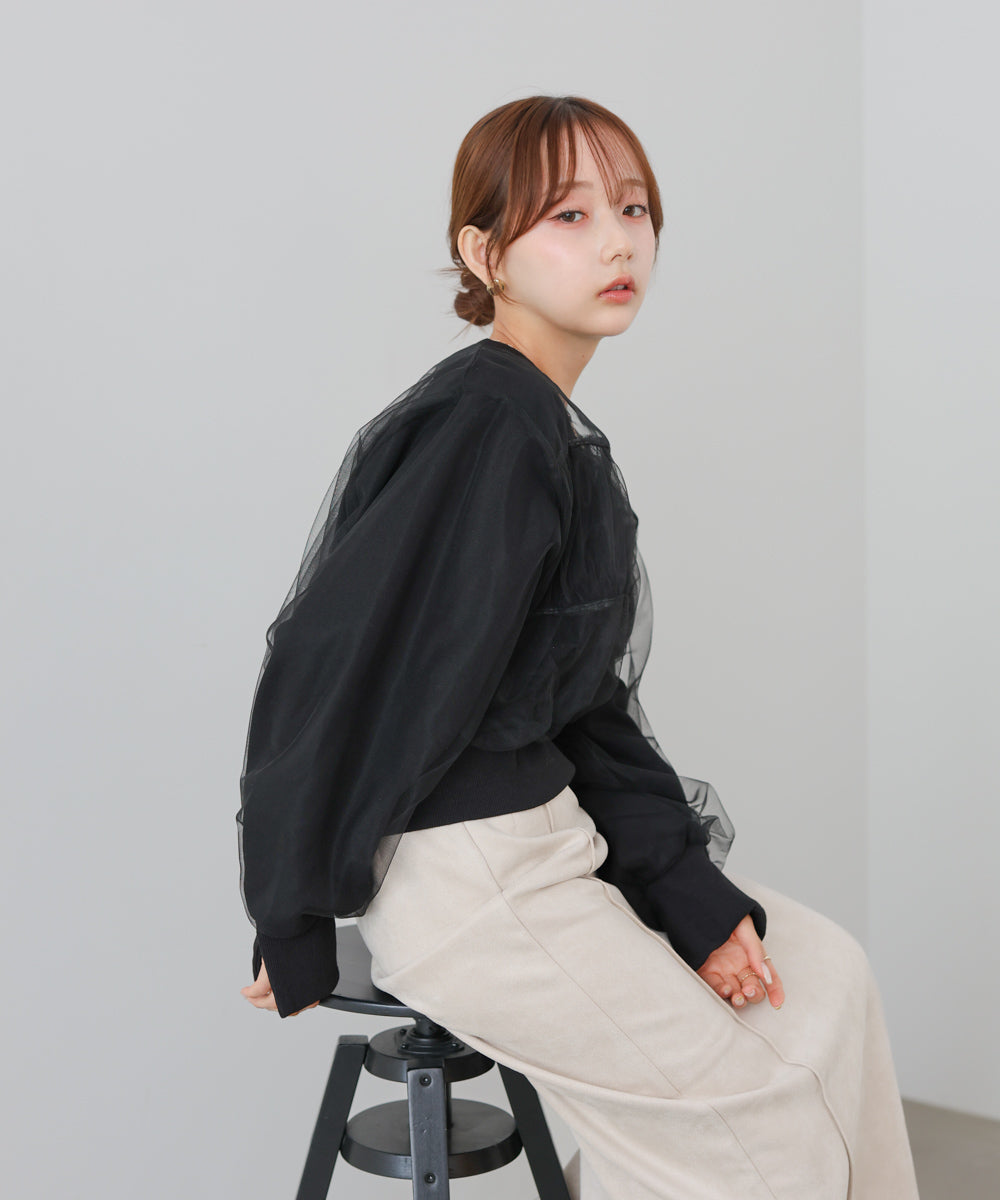ショート丈チュールレイヤードスウェット