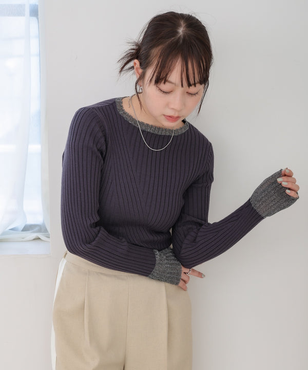 【選べるネック】シアー使いリブニットトップス