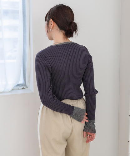 【選べるネック】シアー使いリブニットトップス