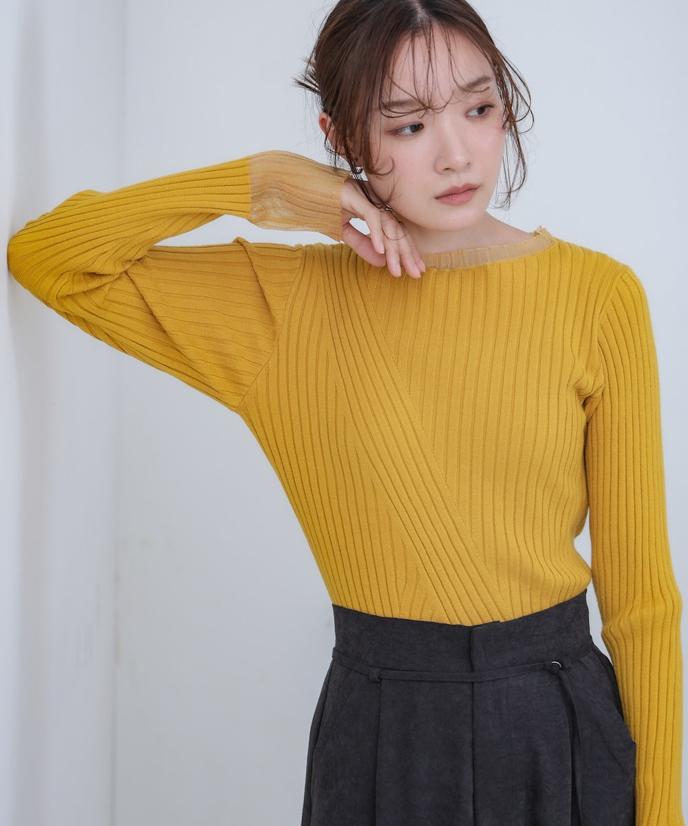 【選べるネック】シアー使いリブニットトップス