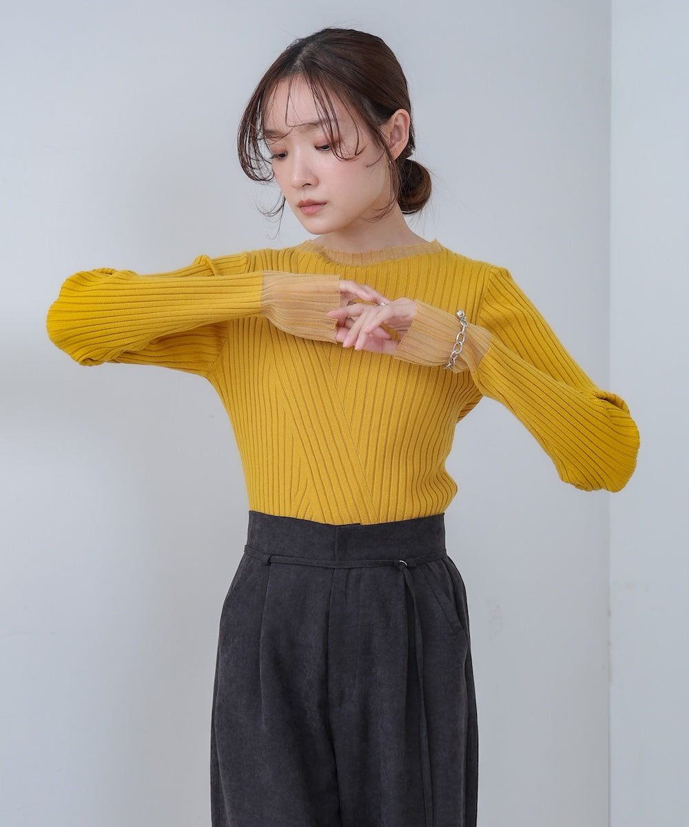 【選べるネック】シアー使いリブニットトップス