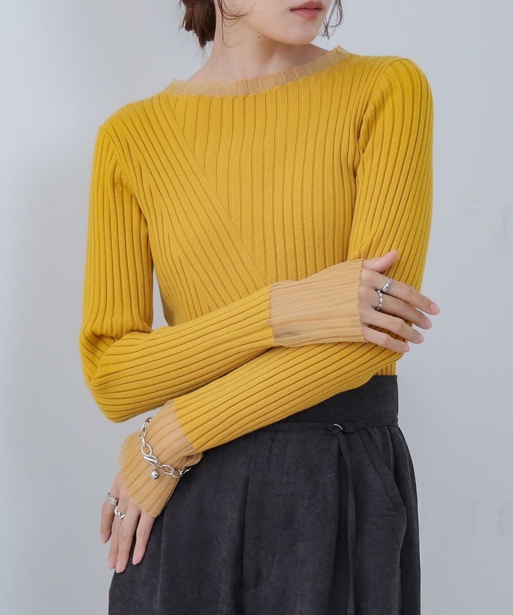 【選べるネック】シアー使いリブニットトップス