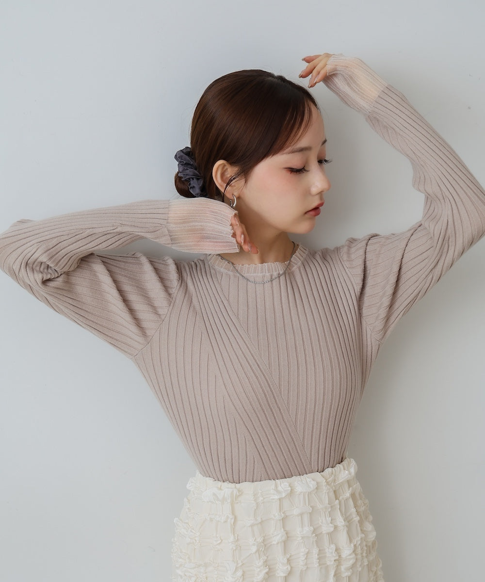 【選べるネック】シアー使いリブニットトップス
