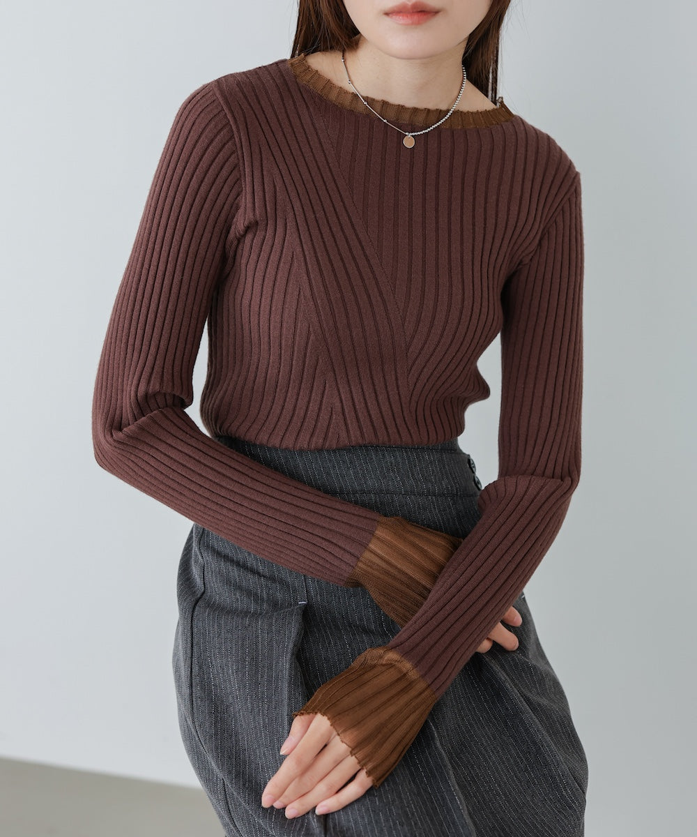 【選べるネック】シアー使いリブニットトップス
