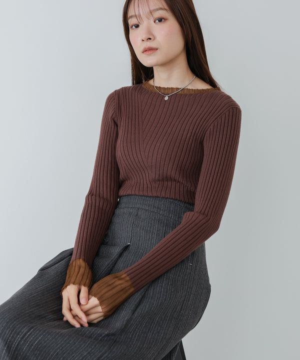 【選べるネック】シアー使いリブニットトップス