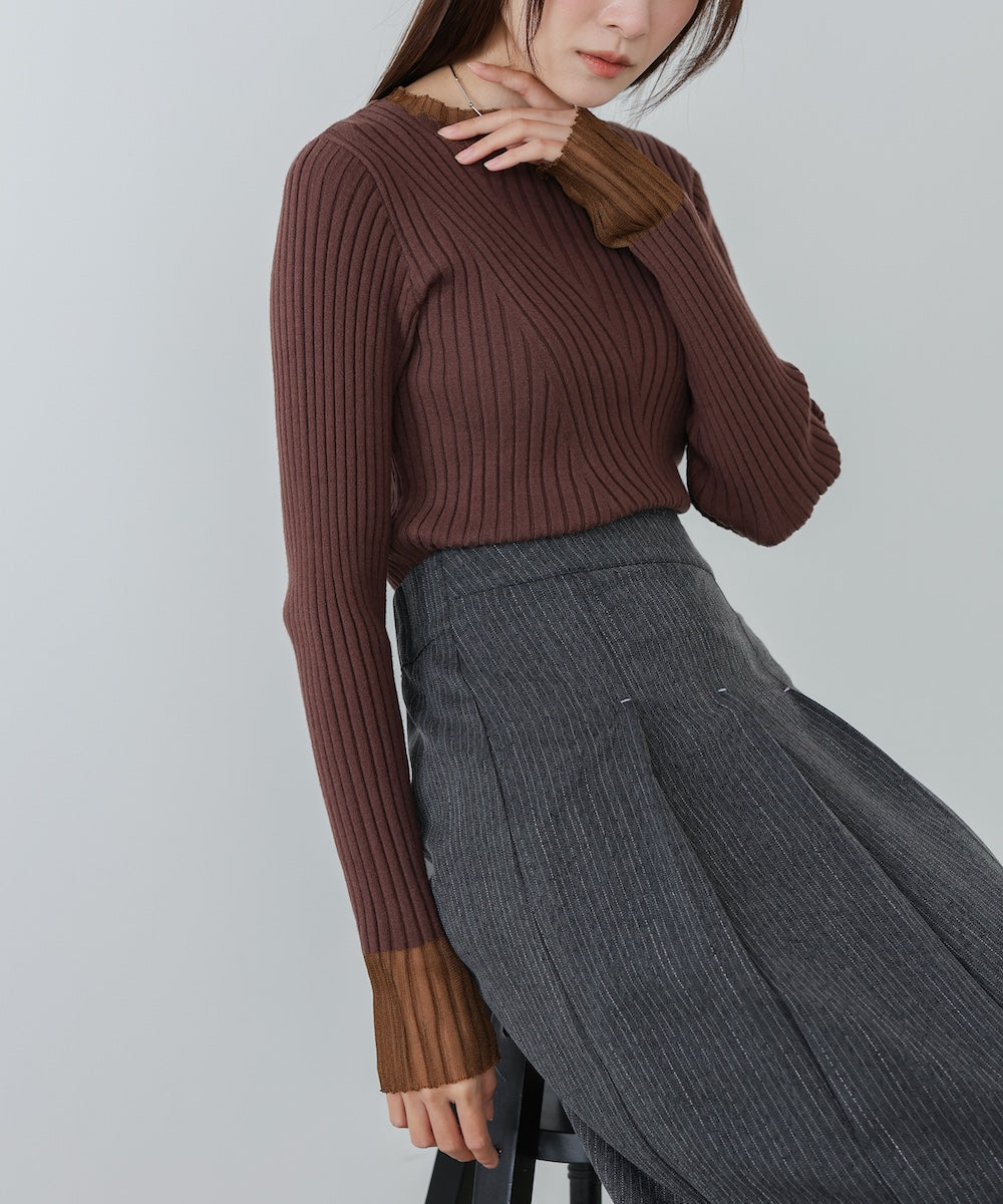 【選べるネック】シアー使いリブニットトップス