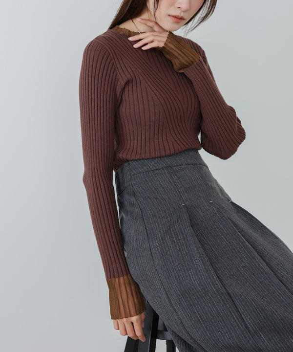 【選べるネック】シアー使いリブニットトップス