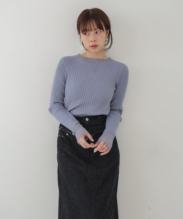 【選べるネック】シアー使いリブニットトップス