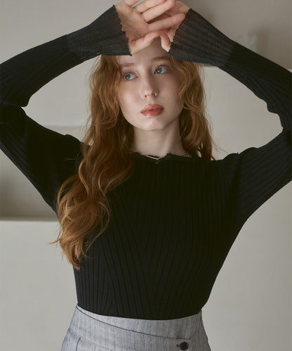 【選べるネック】シアー使いリブニットトップス