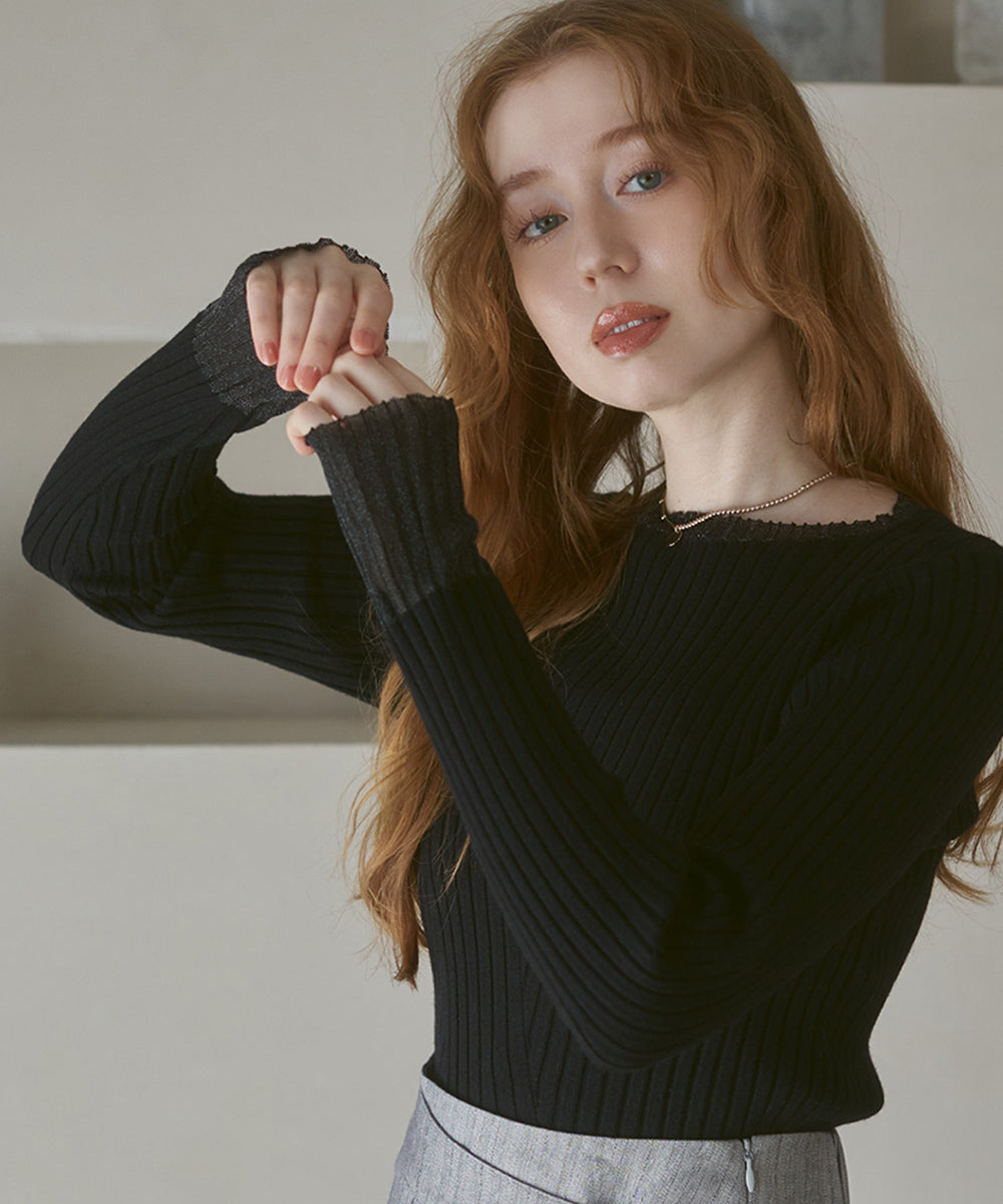 【選べるネック】シアー使いリブニットトップス