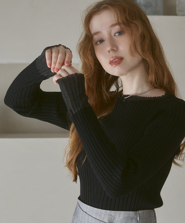 【選べるネック】シアー使いリブニットトップス