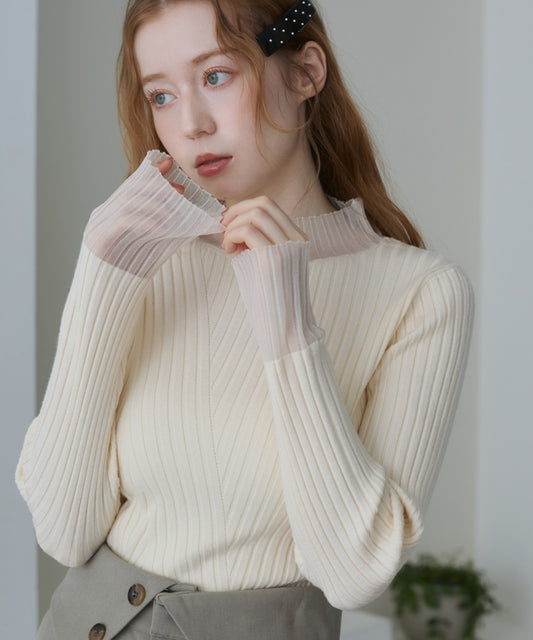 【選べるネック】シアー使いリブニットトップス