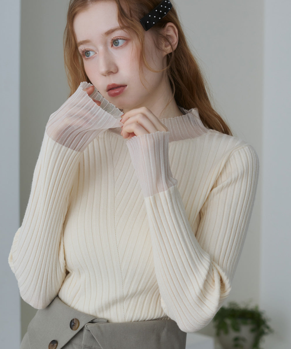 【選べるネック】シアー使いリブニットトップス