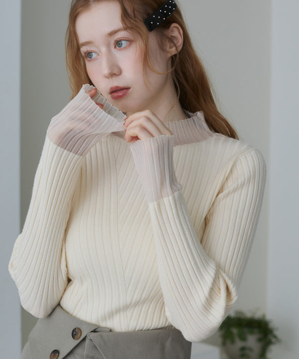 【選べるネック】シアー使いリブニットトップス