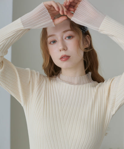 【選べるネック】シアー使いリブニットトップス
