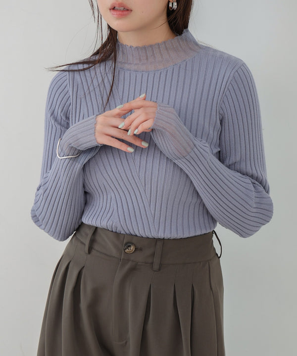 【選べるネック】シアー使いリブニットトップス