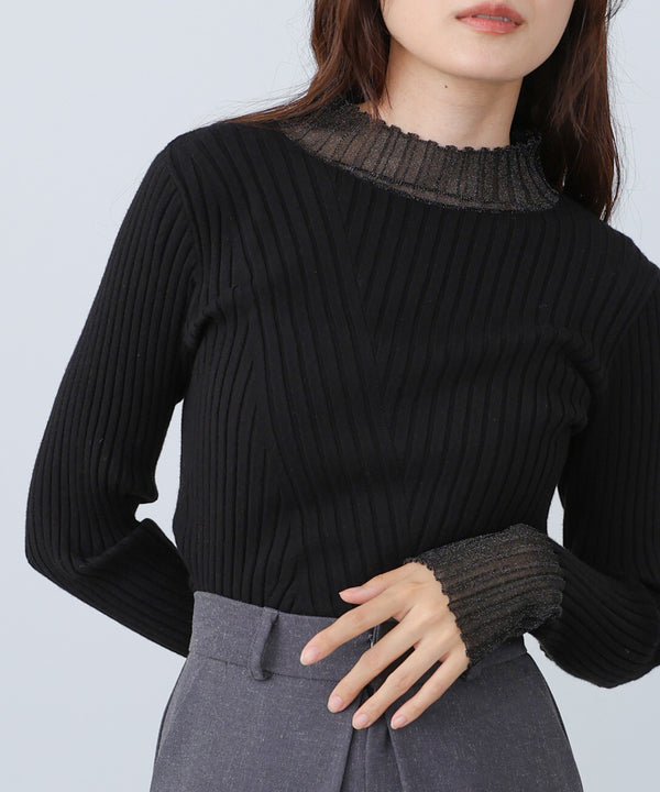 【選べるネック】シアー使いリブニットトップス