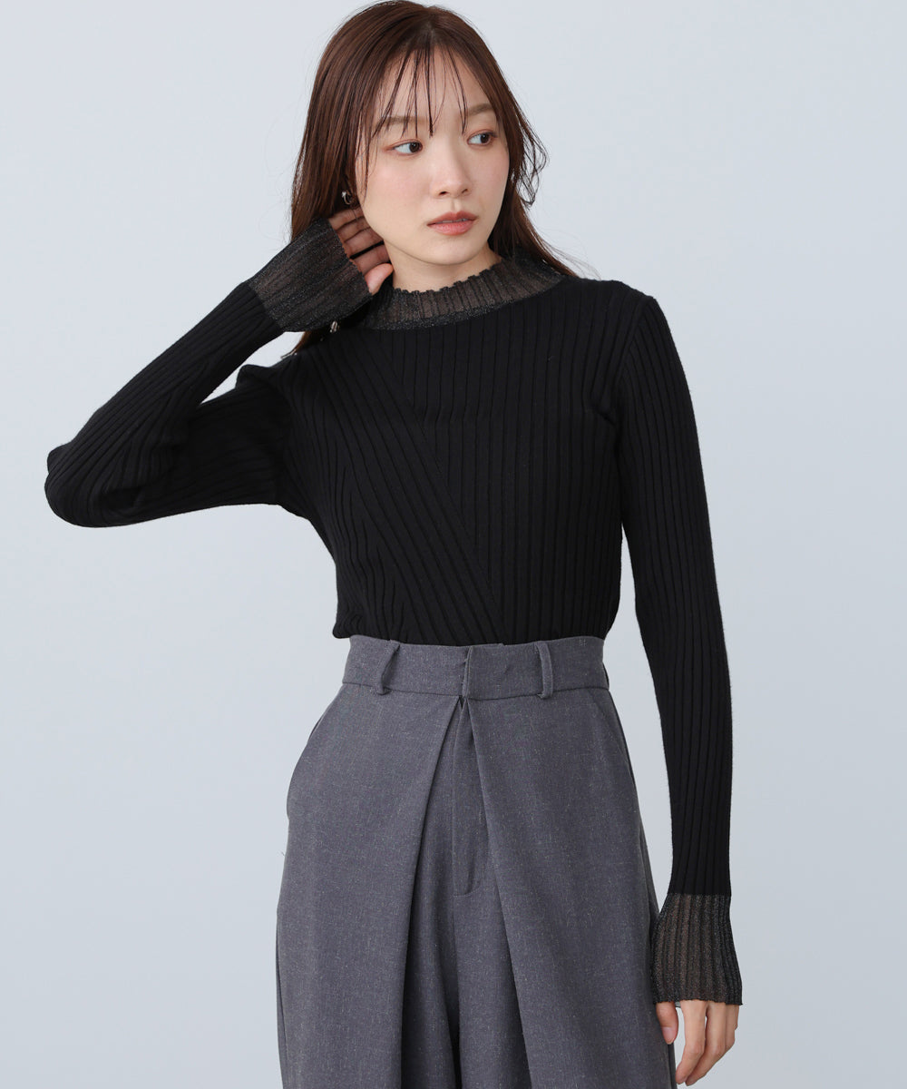 【選べるネック】シアー使いリブニットトップス