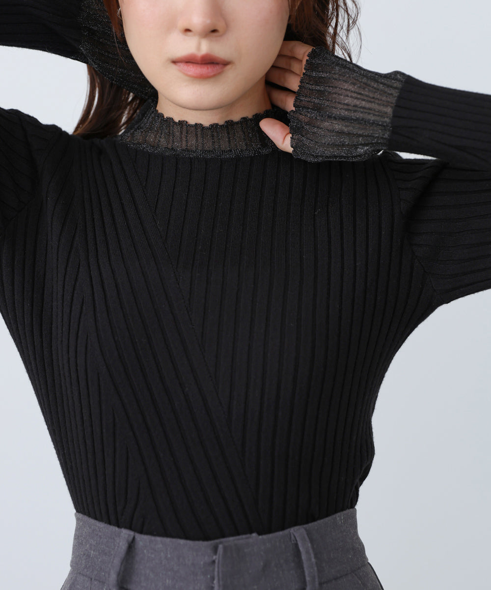 【選べるネック】シアー使いリブニットトップス