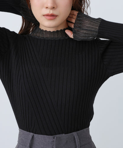 【選べるネック】シアー使いリブニットトップス