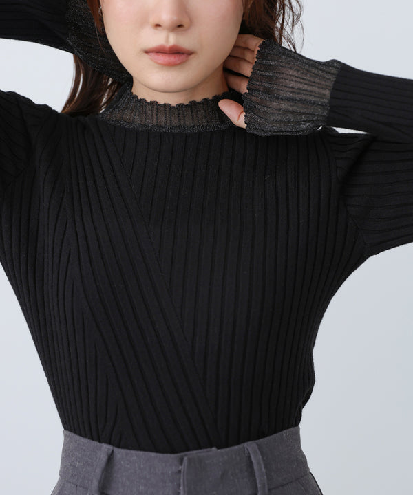 【選べるネック】シアー使いリブニットトップス