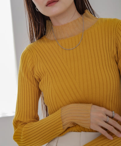 【選べるネック】シアー使いリブニットトップス