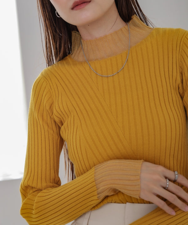 【選べるネック】シアー使いリブニットトップス