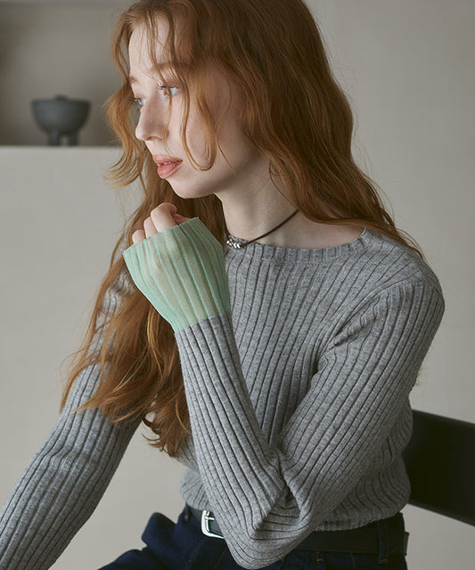 【選べるネック】シアー使いリブニットトップス